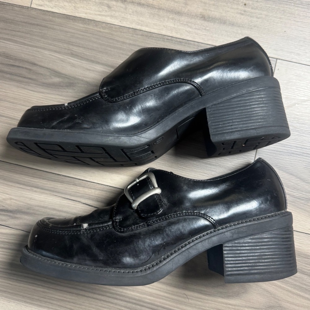 Vintage Current Attractions Black Chunky Buckle Loafers Square Toe 90s Size 10 - Picture 5 of 7